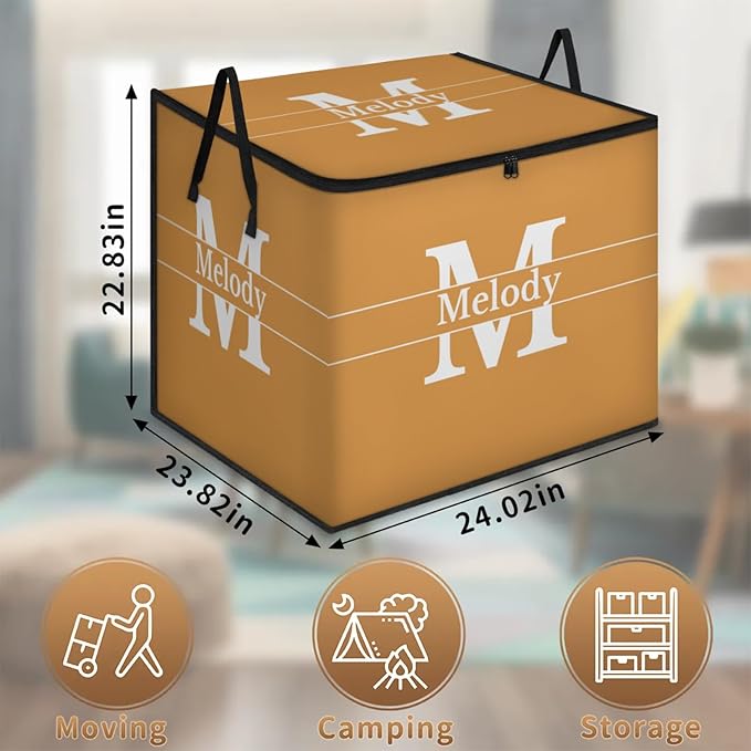 Custom Name Large Storage Bin with Lid Personalized Storage Basket with Zippers for Organizing Comforters Blankets Bedding Closet Shelf Baskets Orange with Initial Letter