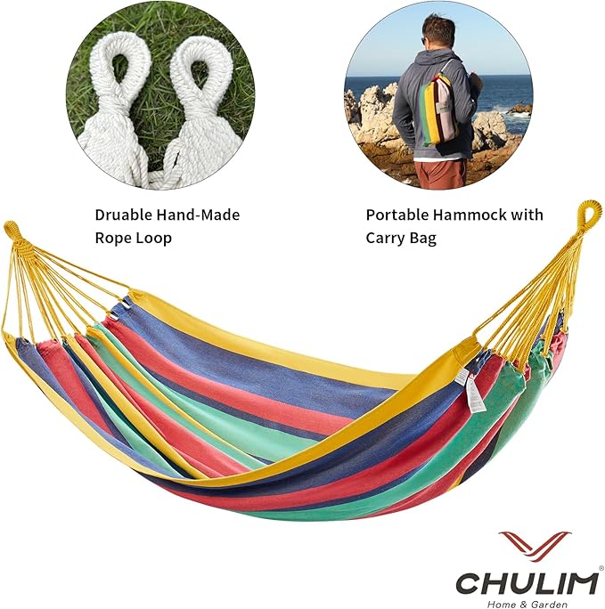 CHULIM Brazilian Double Hammock with Tree StrapsExtra Large 94x63IN2 Persons Hammock for Backyard Patio Outdoor and Indoor450lbs Weight CapacitySoft Woven Cotton Fabric - Aqua Bule Stripe
