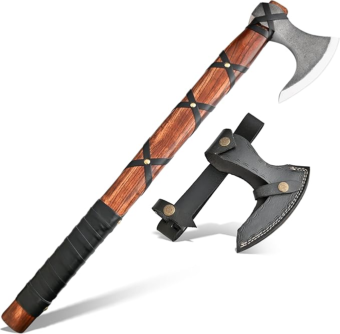 22-Inch Hand-Forged Viking Axe with Sheath Hatchet with Sheath Gift for Men Survival Axe Viking Bearded Camping Axe Ragnar Lothbrok Axe Viking Knives Best Gift Axe (Brown)