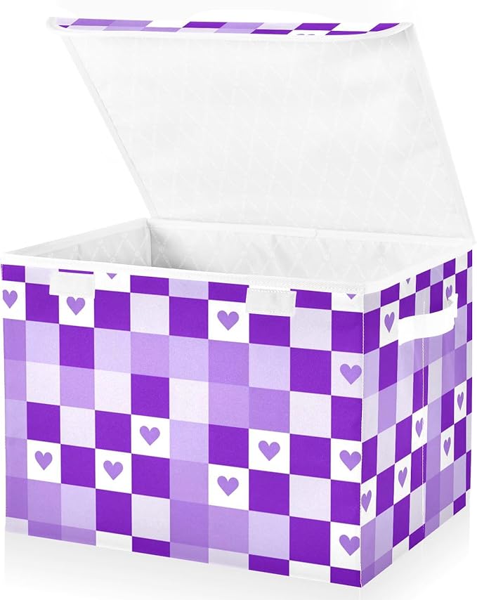 Checkered Purple Hearts Storage Box with Lid 1 PC Foldable Storage Bin with Lids Stackable Storage Bins Cube Closet Organizer Basket with Flip-Top Lid &amp Handles for Shoes Books Towels
