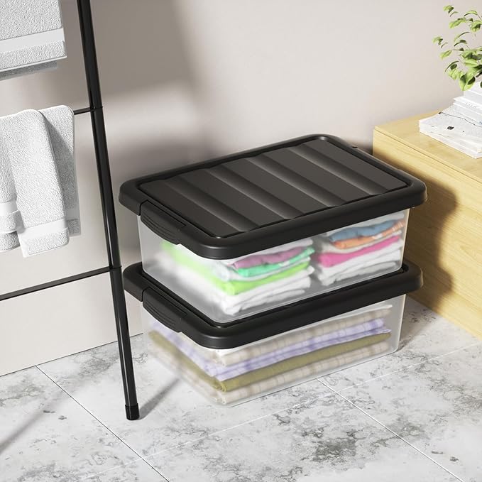 14 L Clear Storage Box with Black Lid Plastic Stackable Container Organizer Medium-14 Quart 2 Packs