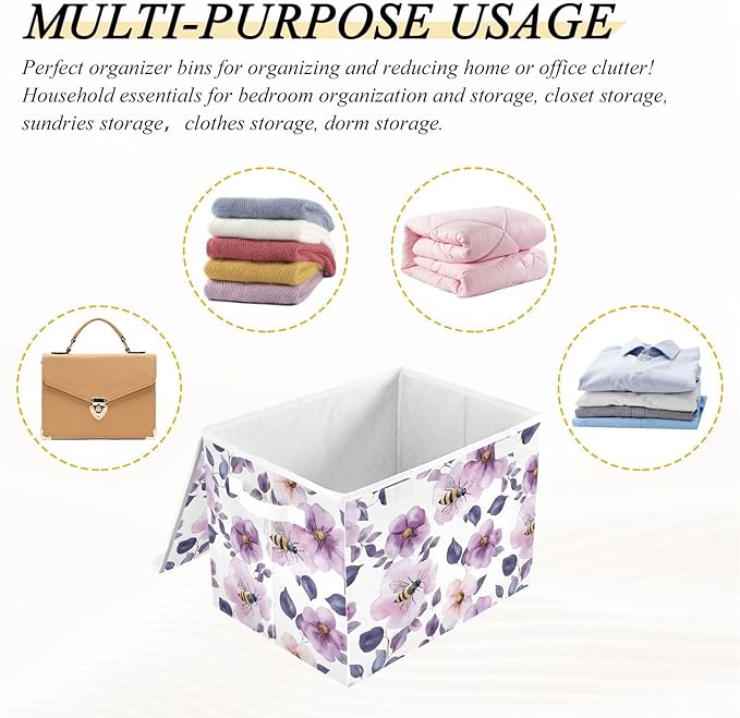 Bees Floral Storage Cube Bins Basket with Lid Collapsible Flip-top Fabric with Handle for Home Bedroom Closet Office 16.5×12.6×11.8 in