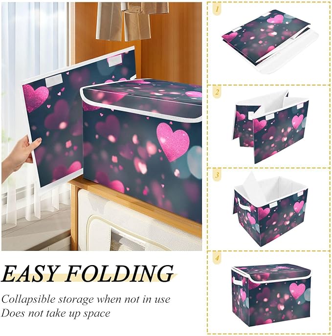 senya Valentines Baskets Collapsible Storage Bins with Lids Love Hearts Romantic Storage Boxes Clothes Baskets for Organizing