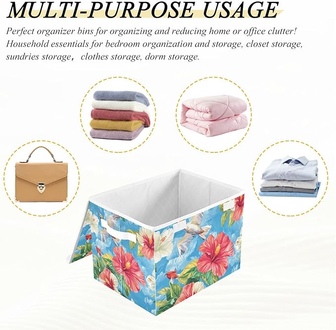Collapsible Storage Bins with Lids Decorative Fabric Storage Cubes Closet Organizer and Storage Basket Boxes Containers for Clothes Box Chest Nursery Folding Rectangle Hibiscus Birds Oil Pain