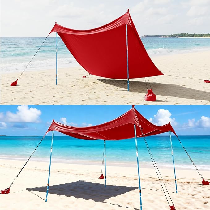 CROWN SHADES 10x10 Beach Tent Sun Shelter Easy Pop Up Beach Canopy Shade Portable Outdoor Carpas UPF50+ Includes 4 Poles Adjustable Aluminium Extra-Large Big Sand Shovel Red