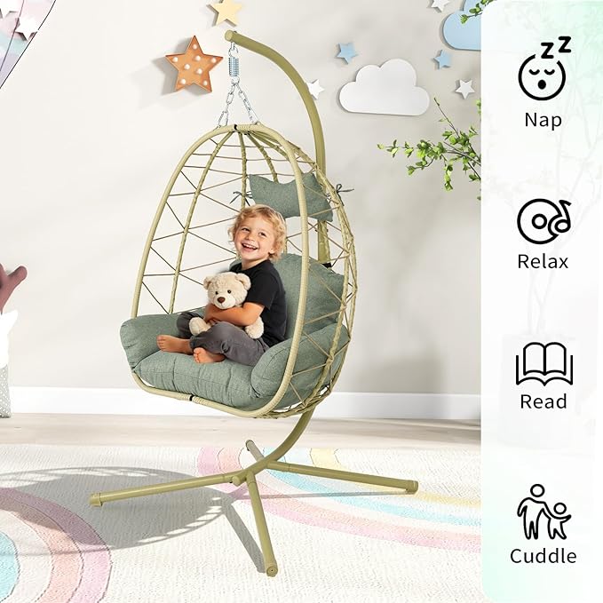 Hanging Egg Chair with Stand Outdoor Indoor Patio Rattan Swing Hammock Chairs with Washable Cushion PE Wicker Swing Chair for Backyard Bedroom Garden (Cyan + Dark Green Cushion No Footrest)