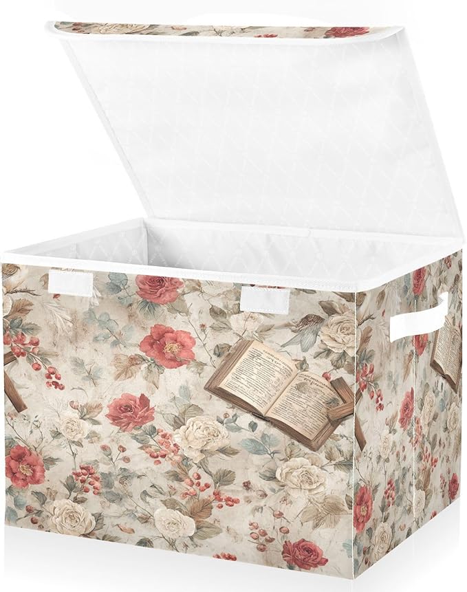 Storage Bins With Lid Stackable Fabric Closet Organizer Clothing Storage Large Boxes For Closet Shelves Bedroom Beige Jesus Crosses Bibles Roses
