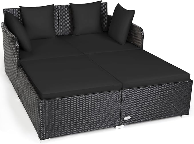 Tangkula Outdoor Rattan Daybed Wicker Furniture with Spacious Seat Upholstered Cushion &amp High-Resilience Sponge Patio Sofa Set with 4 Pillows 2-Person Sunbed for Poolside Backyard Garden &amp