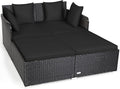 Tangkula Outdoor Rattan Daybed Wicker Furniture with Spacious Seat Upholstered Cushion &amp High-Resilience Sponge Patio Sofa Set with 4 Pillows 2-Person Sunbed for Poolside Backyard Garden &amp