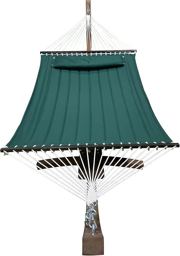 14 Ft. Wooden Arc Hammock Stand + Deluxe Quilted Double Padded Hammock Bed w/Pillow. 2 Person Bed. 450 LB Capacity(Teak Stain/Elegant Hunter Green)