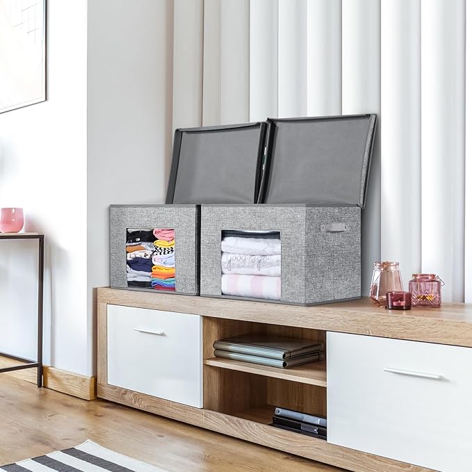 Univivi Fabric Foldable Storage Boxes Large Storage Bins with Lids [4-Pack] Collapsible Storage Cubes Closet Organizers and Storage Cubes for Home Bedroom Closet (Grey 17“ x 12” x 12)