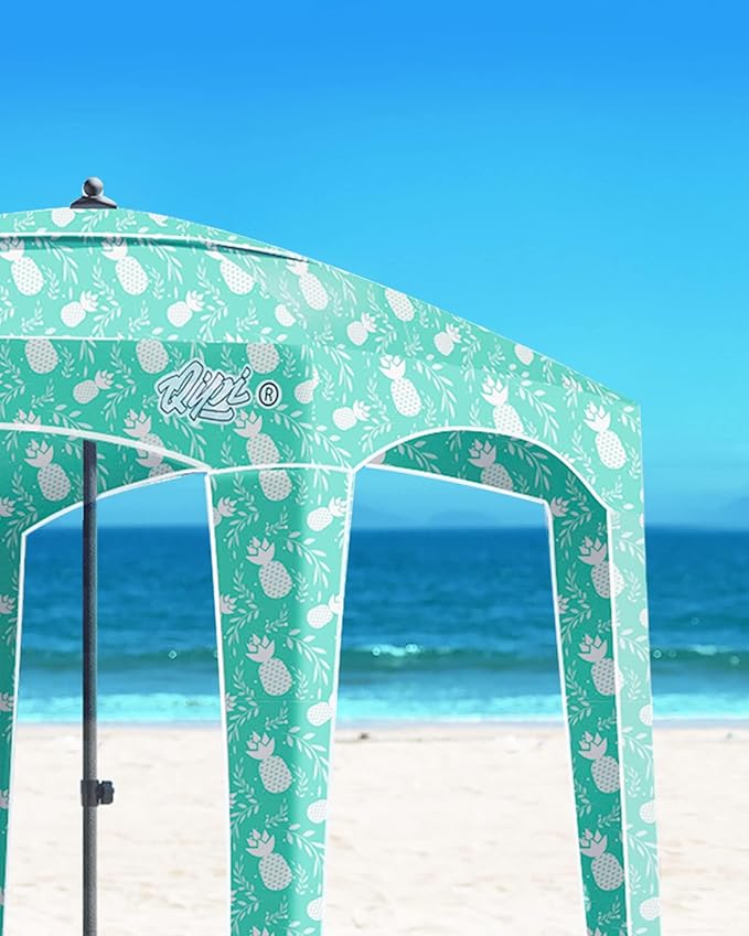 Qipi Updated Beach Cabana - Easy to Set Up Canopy Waterproof Portable 6' x Shelter Included Side Wall Shade with UPF 50+ UV Protection for Kids Family Green Pineapple Jungle