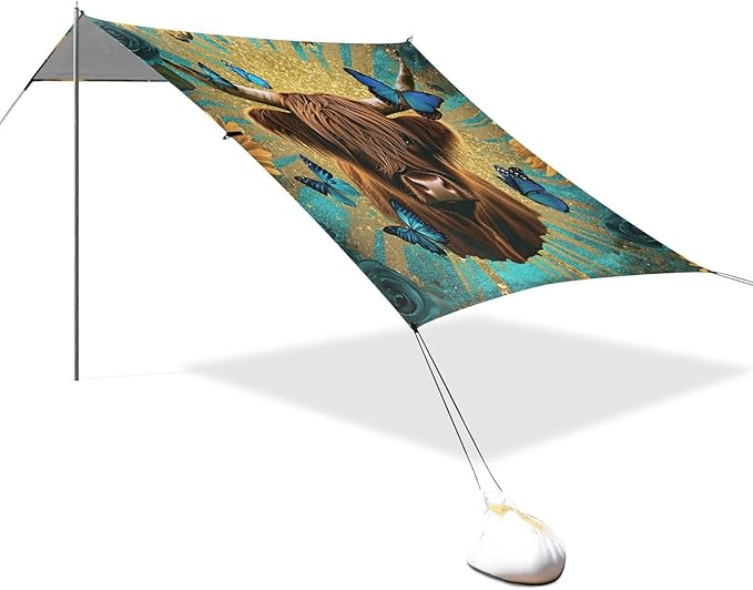 ALAZA Highland Cow Roses Sunflowers Beach Tent Sun Shelter Portable Canopy Sunshade for Outdoor Camping Picnics Backyard Fun 10x9 ft