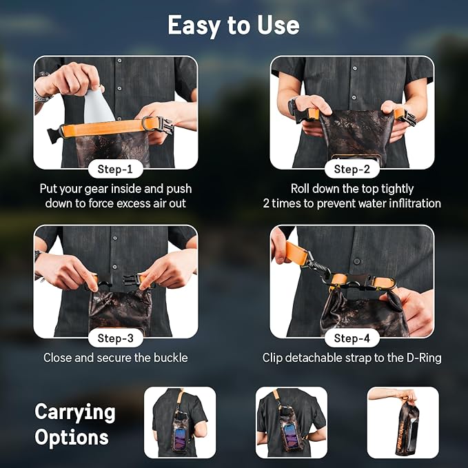 Pelican Marine IP68 Waterproof Dry Bag 2L - Roll Top Waterproof Backpack w/Phone Case/Pouch - Boating &amp Kayak Accessories - Essentials for Camping Swimming Beach Fishing Rafting Travel - Hunter Ca