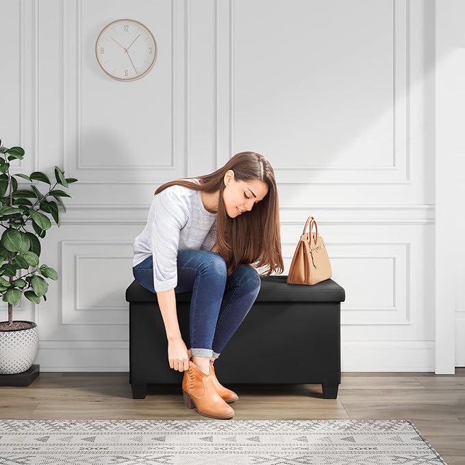 Storage Ottoman Bench with Storage Bins 30-in Storage Bench for Bedroom End of Bed Folding Foot Rest Ottoman with Storage for Living Room Storage Chest Max 660lbs Faux Leather Ottoman Black