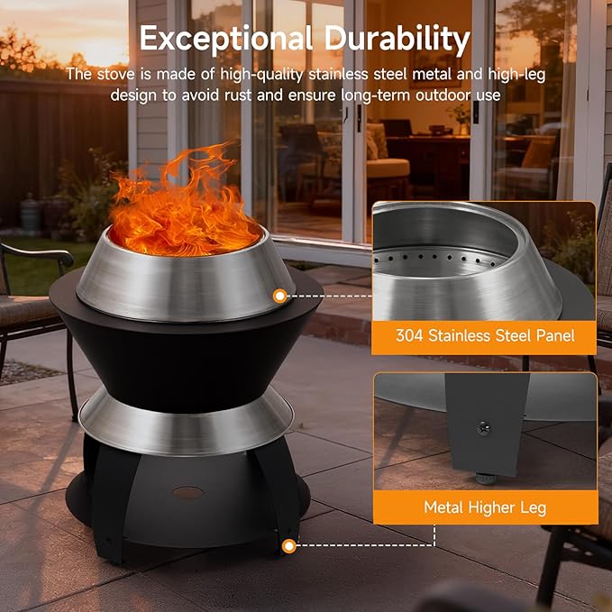 ONBRILL 20 Inch Smokeless Firepit Outdoor Fire Pit with Waterproof Lid Removable Ash Pan Handbag 2 in 1 Stainless Steel Potable Fire Pits for Outside Wood Burning Bonfire Camping Picnic Black