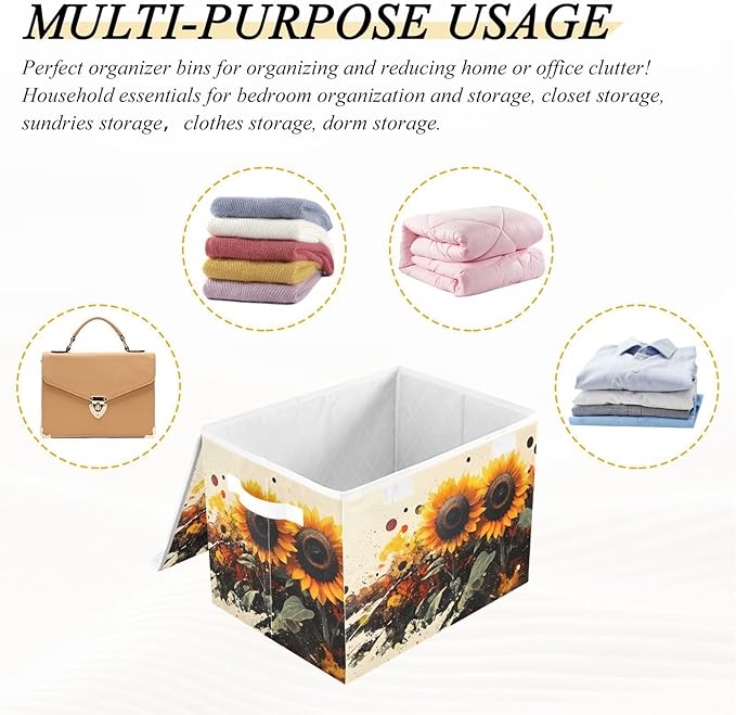 AIXIWAWA Lidded Storage Cube (Painting Of Sunflowers) Fabric Foldable Closet Bins with Flip Lid and Handles Organizer Basket Container 16.5 x 12.6 x 11.8 IN