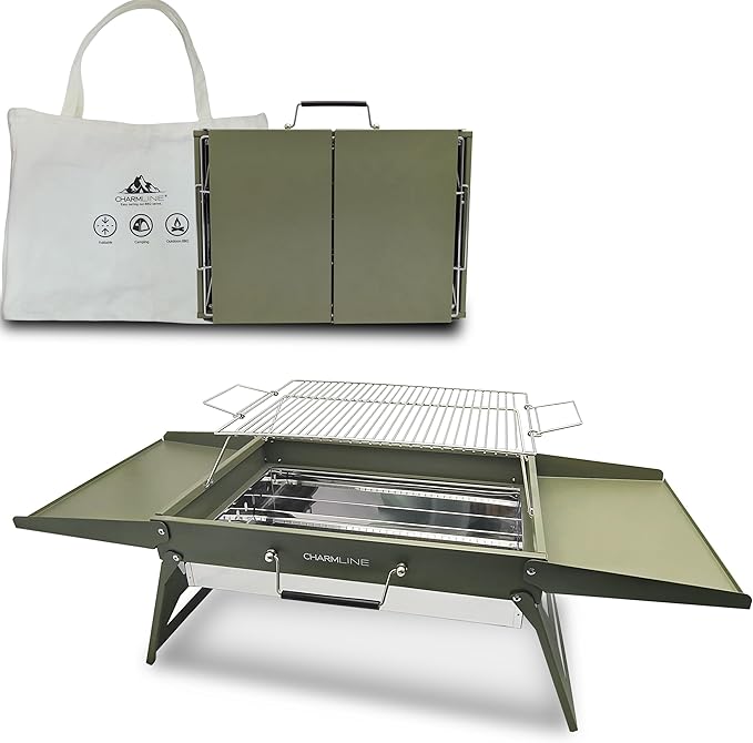 Charmline 20 x 14 inches Large Foldable Portable Charcoal BBQ Grill Camping BBQ Grill for 3–5 People Ideal for Camping Garden Beach Picnic &amp Tabletop Use Green