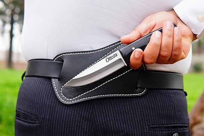 Ottoza Full Tang Bushcraft Knife with 1095 Carbon Steel Fixed Blade - Survival and Outdoor Camping Knife - Black Cross Draw Sheath and Cow Horn Handle 426