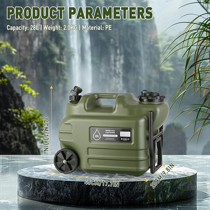 7.4 Gallon Water Jug 28L Portable Water Container with Wheel &amp Pull Handl Spigot Cleaning Brush Detachable Hose &amp Extra Lid BPA-Free Camping Hydration Canteen Outdoor Tank Storage PE - G