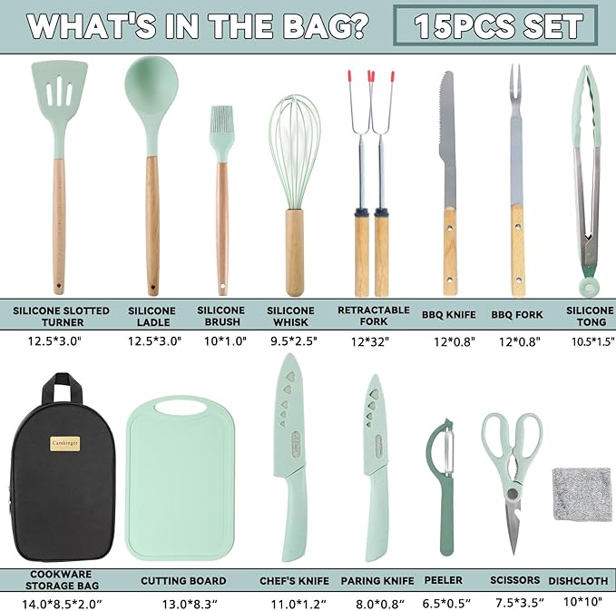 Camping Accessories Kitchen Cooking Utensils Set - Portable Outdoor Camp Cookware Set Silicone Camper Essentials Gear Must Have Supplies for Travel RV BBQ Grill Picnic Hiking