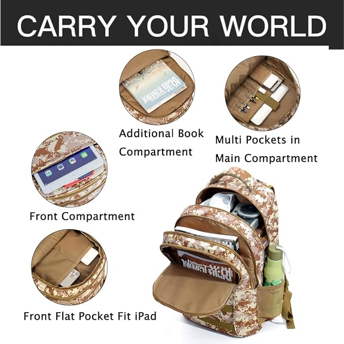 outdoor plus Camo BackpackMilitary Boys Backpacks for School40L Army Bookbag with USB Charging Port Waterproof