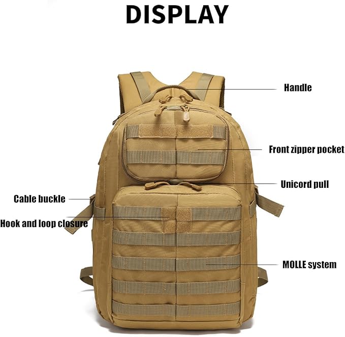 Tactical Backpack MOLLE Hiking Daypack Small Miltary Bug Out Bag Waterproof Army Rucksack for Outdoor Sport Travel