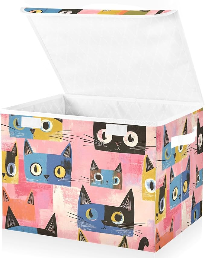 Abstract Cats Storage Cube Bins Basket with Lid Collapsible Flip-top Fabric with Handle for Home Bedroom Closet Office 16.5×12.6×11.8 in