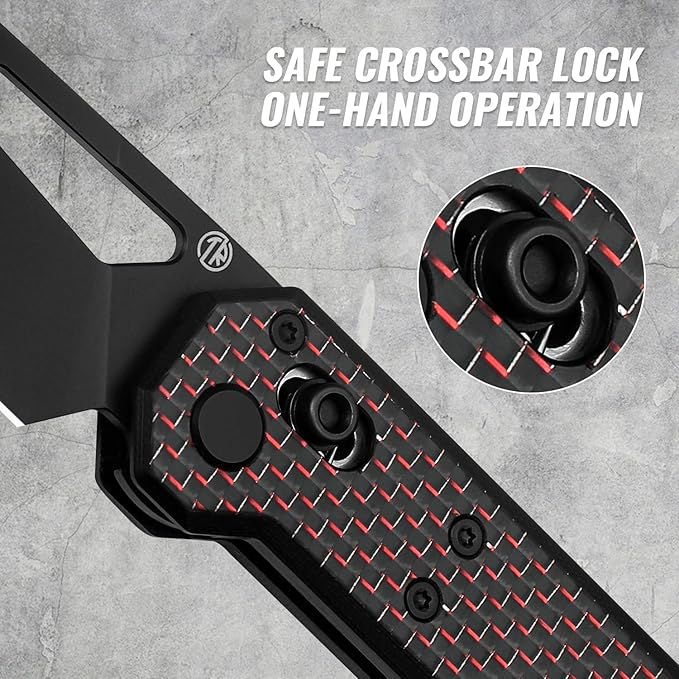 TACRAY Tarcus Folding Pocket Knife 3.5 D2 Steel DLC Blade Carbon Fiber Overlay Handle Lightweight EDC Knife with Crossbar Lock for Men and Women Ideal for Camping Hiking and Survival