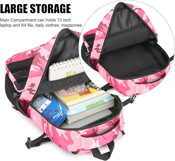 Kids Tactical Backpack Army Molle Bookbag Military Boys Backpack for School Outdoor Camping (Includes 2 Patches+1Carabiner) Pink CM