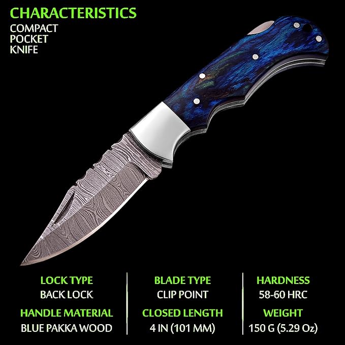 Pocket Knife 2.92 Drop Point Damascus Steel Blade Folding Knife with Blue &amp Black Wood Handle Back Lock EDC Knives with for Men Women GK-751 (Blue)