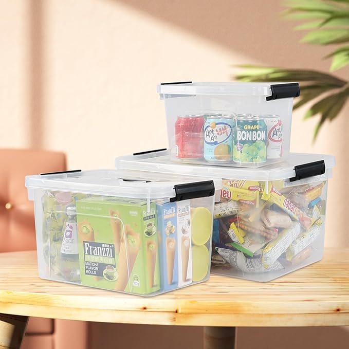 6 Quart Clear Organizer Bin with Lid Set of 4 Plastic Latching Storage Box