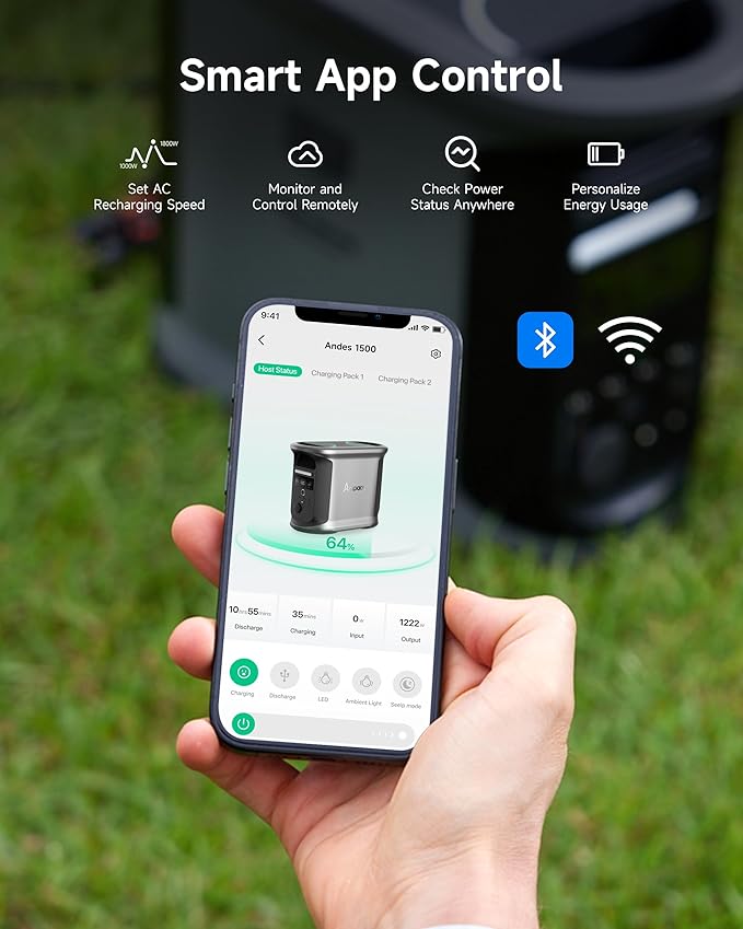 AMPACE Andes 1500 Power Station 2400W(Surge 3600W) Solar Generator 1462Wh Solar Power Station 1800W A-Boost Fast Charging APP Control Emergency Power for Home Camping Outdoor Battery Backup