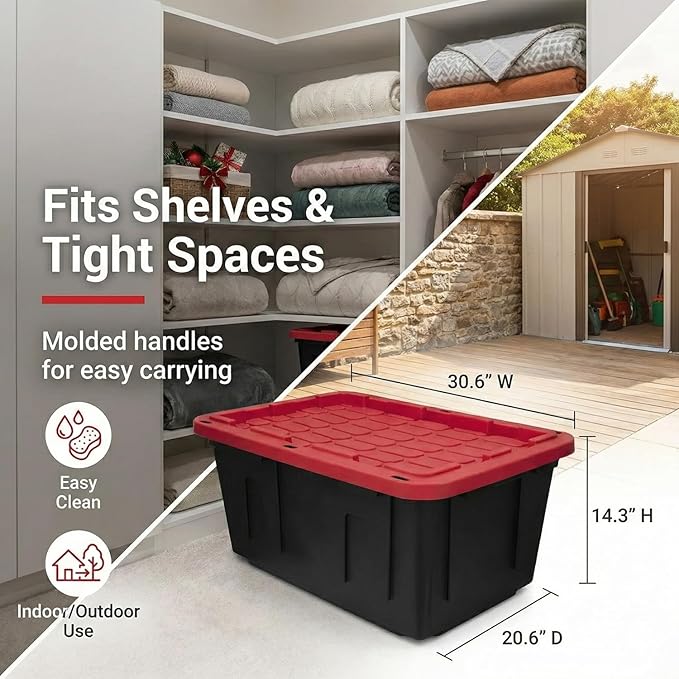 27 Gallon Heavy-Duty Storage Totes with Secure Snap Lids 2-Pack Stackable Plastic Bins for Garage Basement Attic Organization - Black Base &amp Red Lid Lockable Design for Indoor/Outdoor Use (2 P