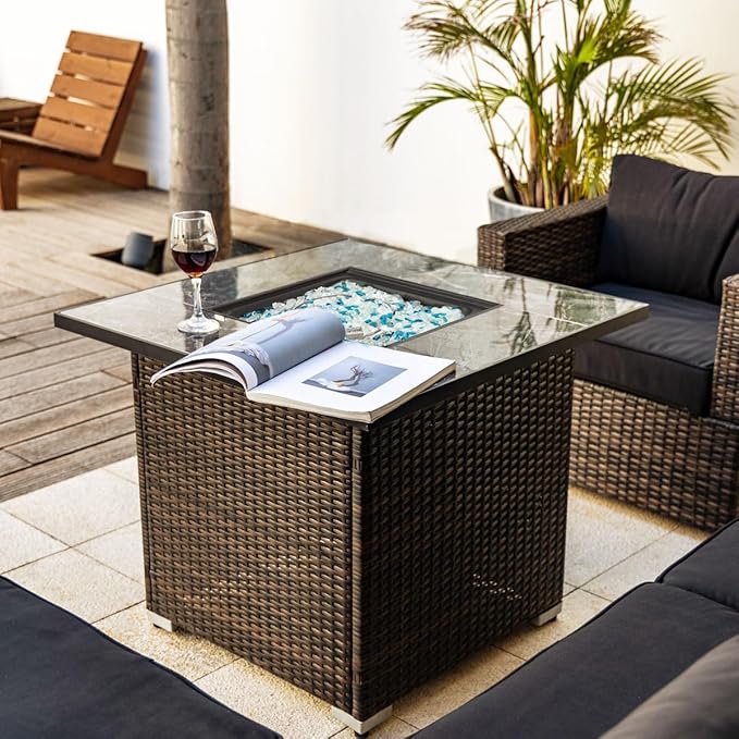 30'' Propane Fire Pit Table Marble Textured Ceramic Tabletop 50000 BTU Fire Table with Brown Wicker Mix Color Glass Rocks Including Lid&ampCover Square