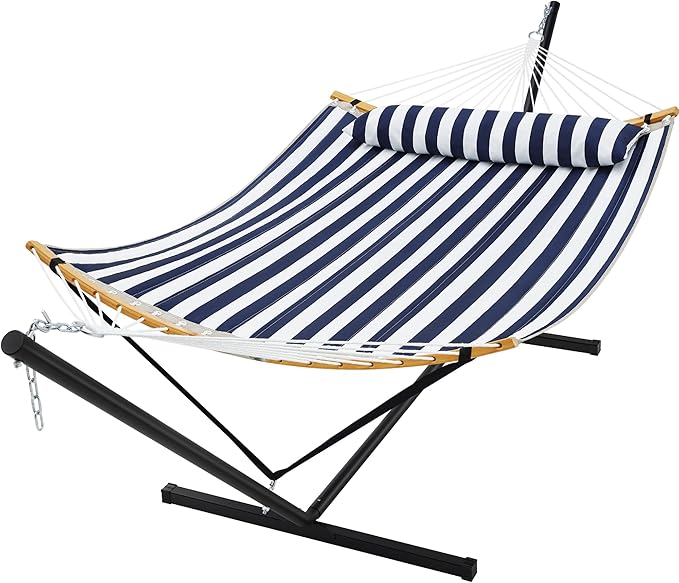 SUPERJARE Curved-Bar Hammock with Stand 2 Person Heavy Duty Hammock Frame Detachable Pillow &amp Portable Carrying Bag Perfect for Outdoor &amp Indoor Denim Blue with White Stripes