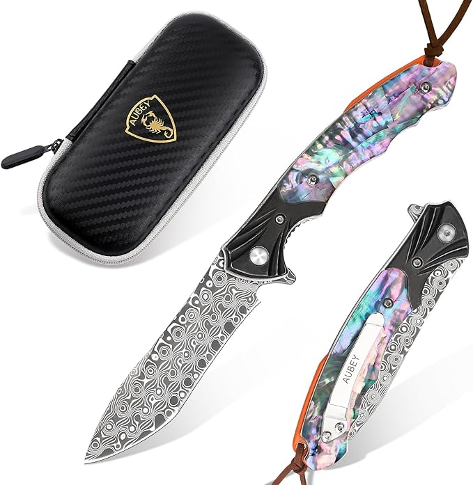 AUBEY Damascus Pocket Knife for Women Men 3.43 VG10 Damascus Steel Blade Knife with Clip EDC Folding Knives with Abalone Shell Handle Gift for Camping Outdoor Hunting Hiking Collection