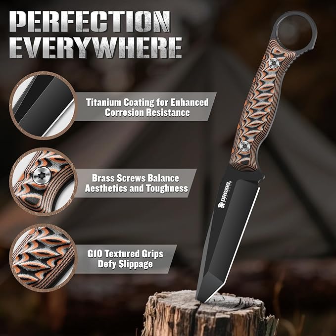 Tanto Fixed Blade Knife - Full Tang Survival Knife for Bushcraft - Camping Knives with Sheath - Black Knives Forged from a Single Piece of D2 Steel - Ideal Gift for Men - Brown
