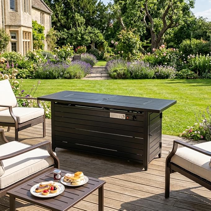 LEGACY HEATING 57 inch Propane Fire Pit Table Outdoor Gas Fire Pit Table 50000BTU Fire Table with Lid Retangular Black Firepit Table for Garden Backyard Deck Poolside Party