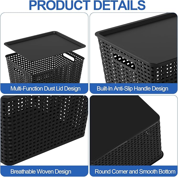 Large Plastic Storage Baskets with Lids Stackable Storage Bin Basket for Organizing Shelves Closet Pantry 14.09 x 11.69 x 8.78 6 Pack Black