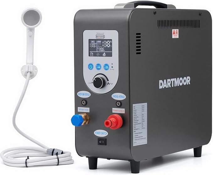 DARTMOOR Portable Propane Water Heater Battery Powered Outdoor Portable Shower with 37500 BTU LCD Display Auto Shutoff Camping Shower with 4500mAh Rechargeable Battery for Hunting Cleaning Camping