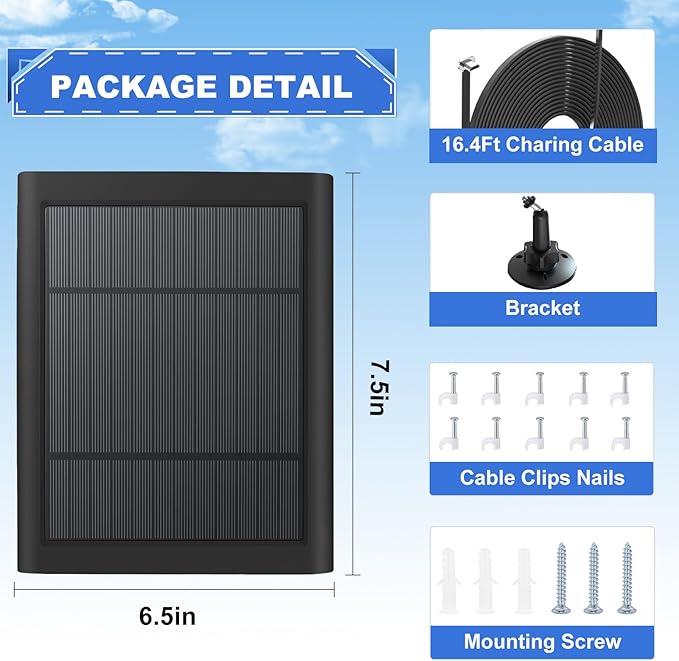 Solar Panel for Ring Doorbell 5W 5V Solar Charger Pefect for Ring Video Doorbell (2nd Gen - 2020 Release) Micro USB Port IP65 16.4ft Waterproof Charging Cable 360°Adjustable Mount