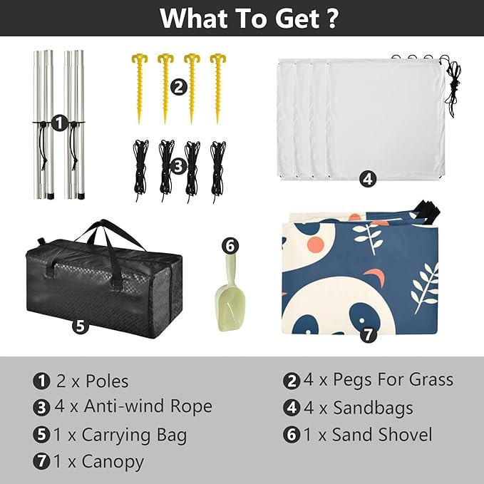 Cute Panda Faces Foldable Beach Tent UPF50+ Protection Lightweight Shade Sun Shelter with Sturdy Poles Sandbags and Shovel for Camping Picnics Backyard &amp Fishing