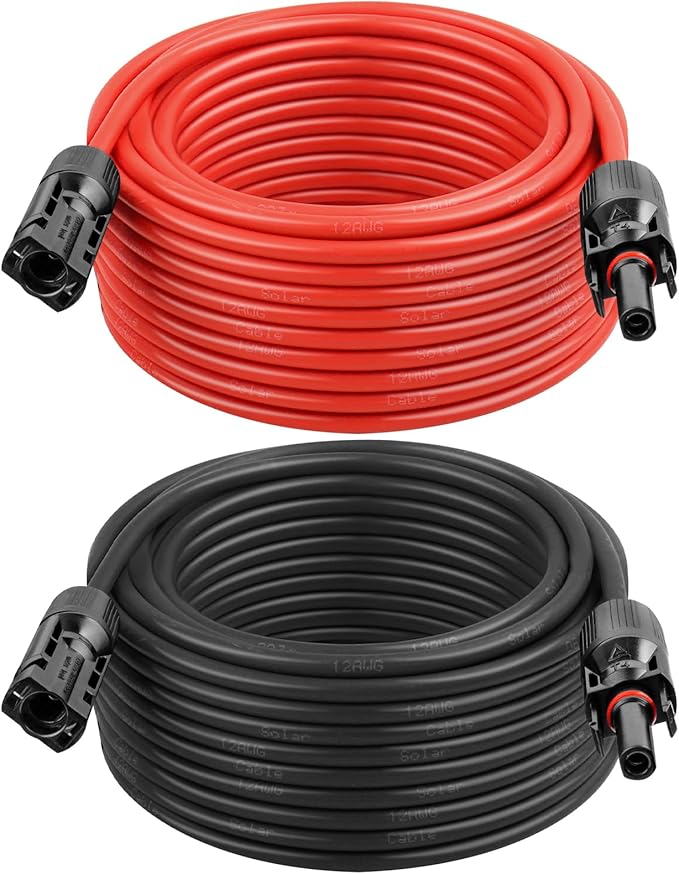 MOOKEERF Solar Panel Extension Cable - 12AWG 100FT Solar Wire with Female &amp Male Waterproof Connector PV Wire for RV Photovoltaic Systems Home Boat Solar Panels Car(100ft Red + 100ft Black)