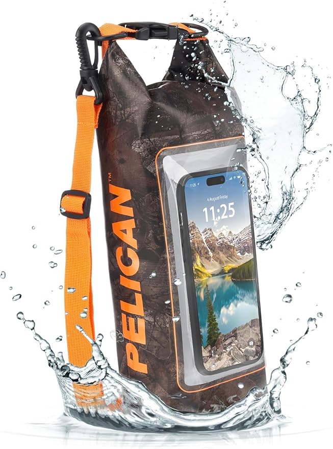 Pelican Marine IP68 Waterproof Dry Bag 2L - Roll Top Waterproof Backpack w/Phone Case/Pouch - Boating &amp Kayak Accessories - Essentials for Camping Swimming Beach Fishing Rafting Travel - Hunter Ca