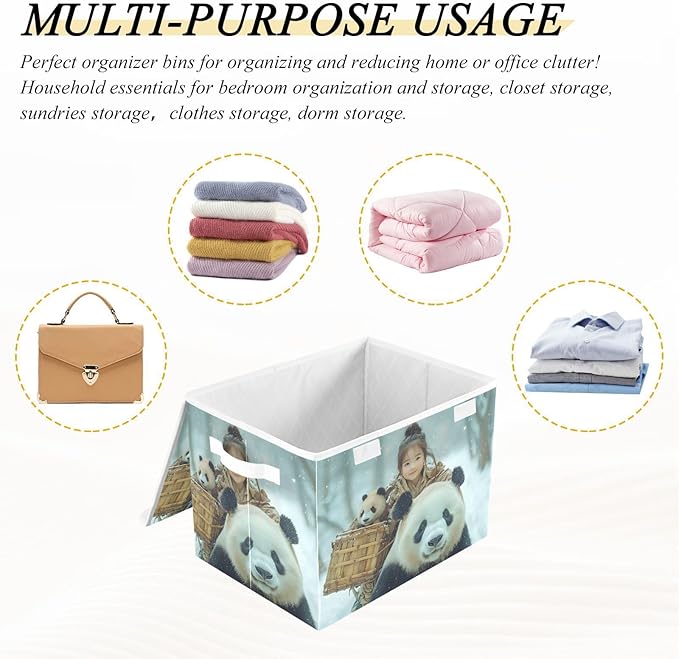 AIXIWAWA Lidded Storage Cube (Panda Family) Fabric Foldable Closet Bins with Flip Lid and Handles Organizer Basket Container 16.5 x 12.6 x 11.8 IN