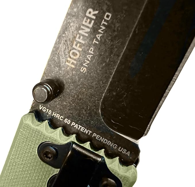 HOFFNER 3.5 EDC Folding Knife with Pocket Clip VG10 Japanese Stainless Steel Black Acid Washed Tanto Blade - (Flatline Olive Medium Texture Grip) - Camping Hiking Outdoor Survival