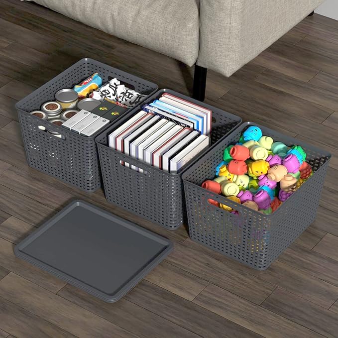 6-Packs Grey Woven Storage Baskets Bins with Lids Plastic Large Stackable Baskets Box 13.58'' x 11.42'' x 8.7''