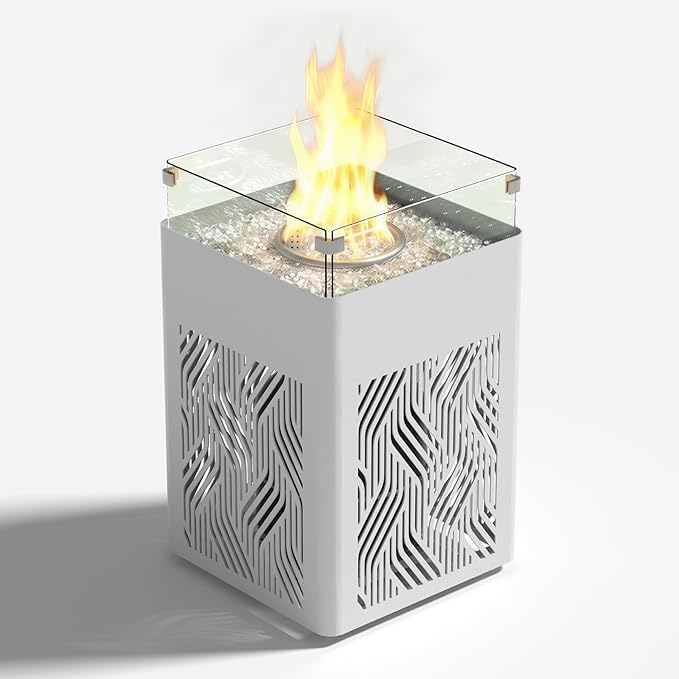 18 Aluminum Propane Fire Pit Table with 45000 BTU Square Outdoor Gas Fire Table with Glass Wind Guard Glass Stones &amp Waterproof Cover Patio Fire Table for Balcony Backyard Porch White