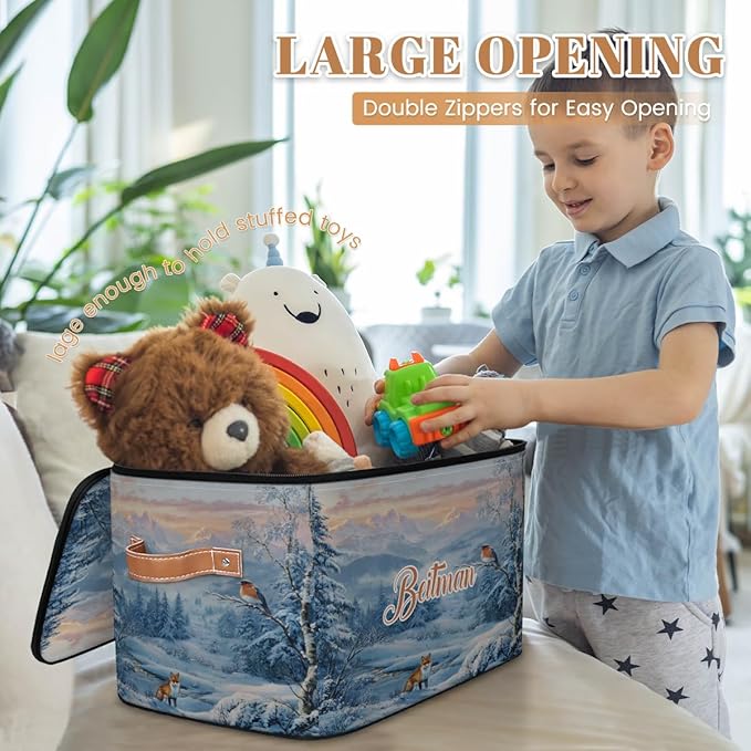 Storage-Bins with Lids Handle Customized Stackable-Storage-Bin for Kids-Boys-Girls-Toys Cube Collapsibl Basket Snowfield Fox